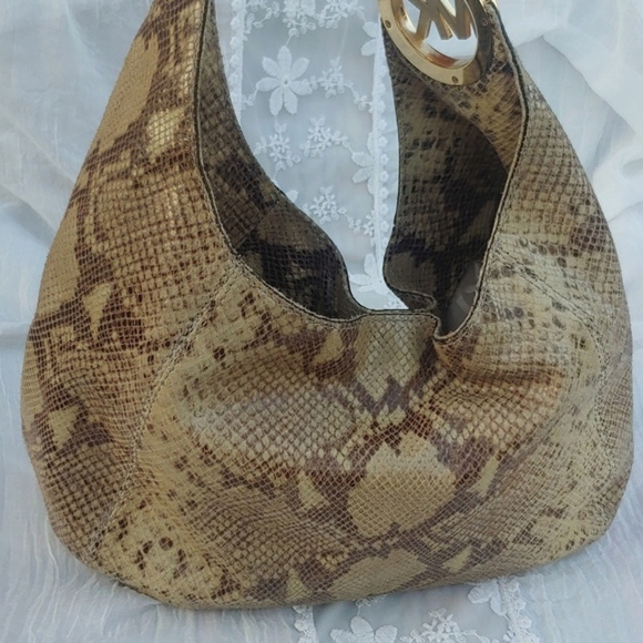 Michael Kors Leather Snake Print Hobo Bag in Cream and Brown - Picture 6 of 16